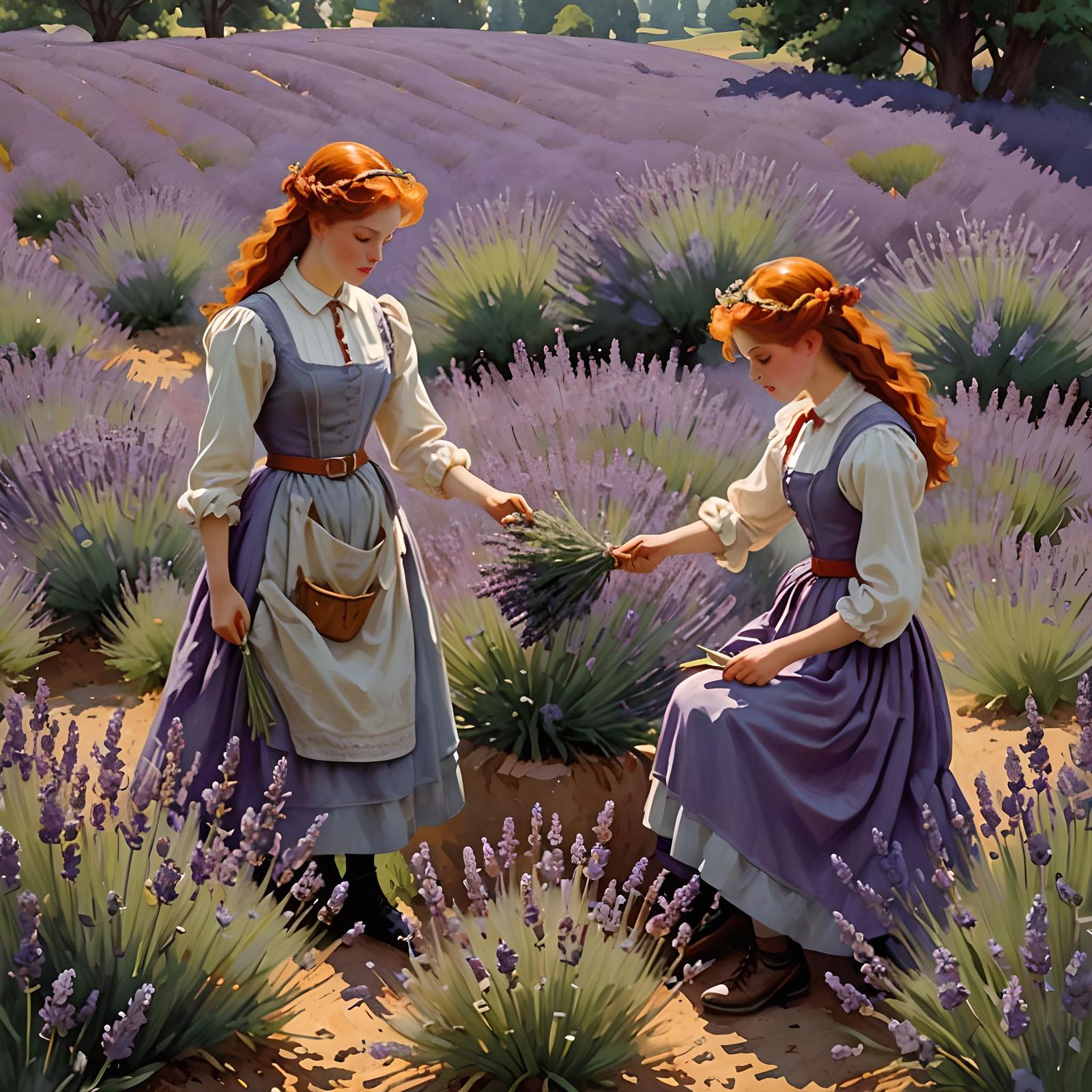Sisters Picking Lavender in Dreamy Impressionist Style