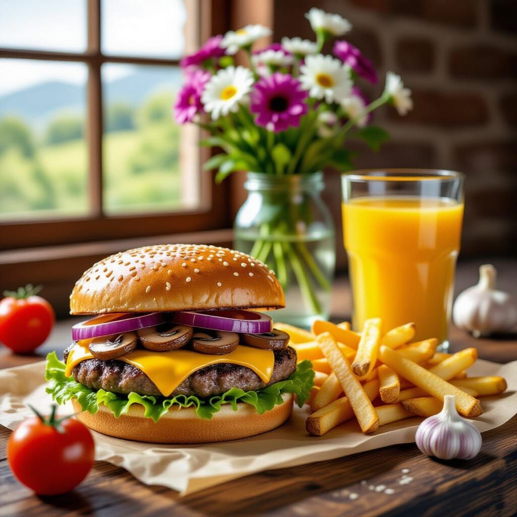 Hyper-Detailed Burger Meal with Orange Juice and Fries