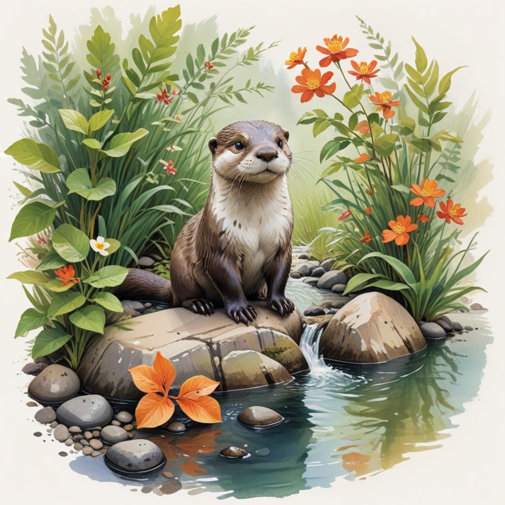 Playful Otter in a Babbling Brook Oasis