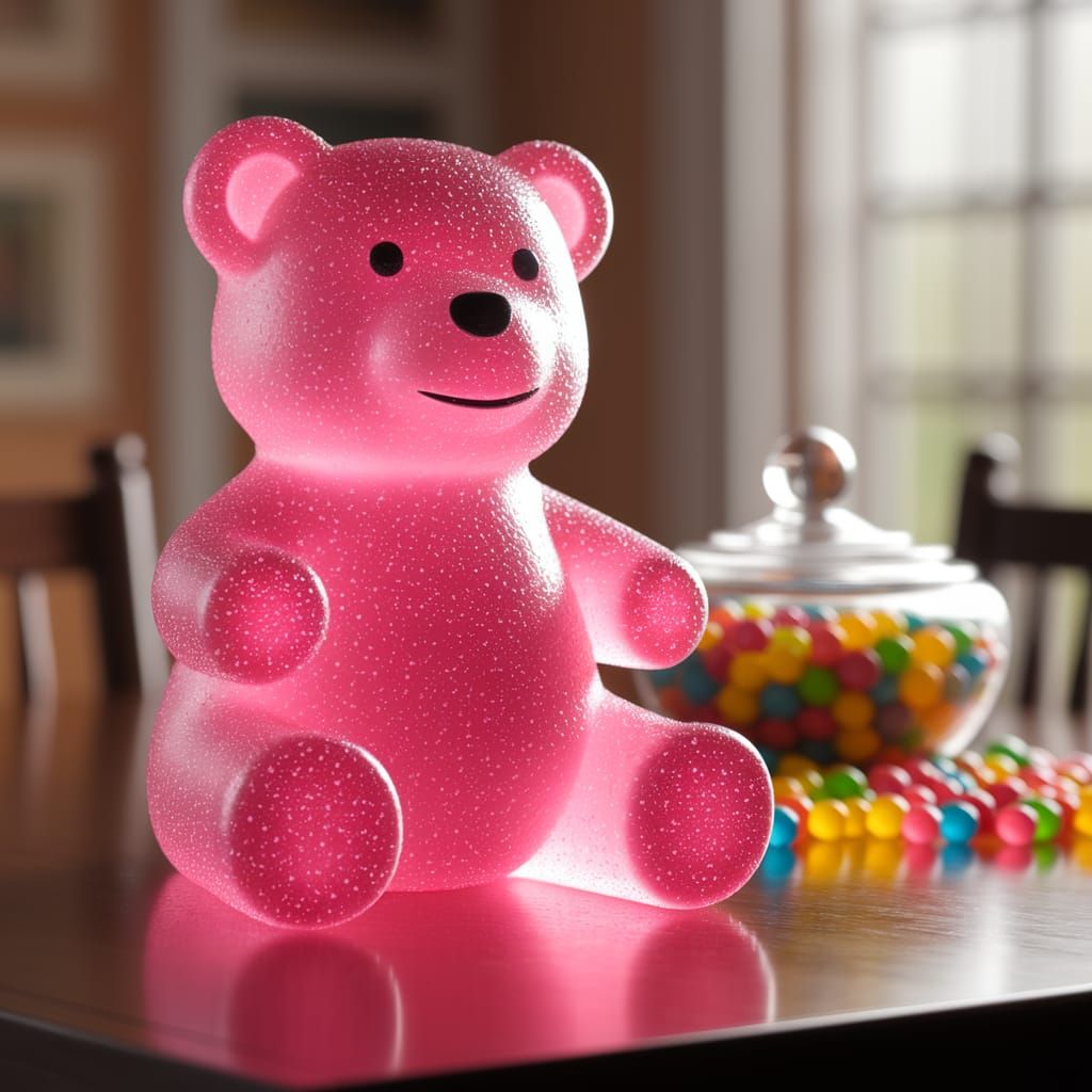 Vibrant Pink Gummy Bear on Wooden Table with Candy