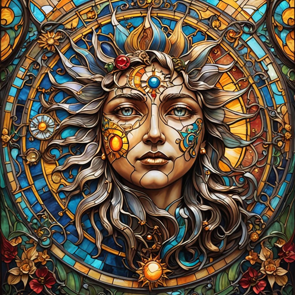 Vibrant Art Nouveau Stained Glass Sun and Moon