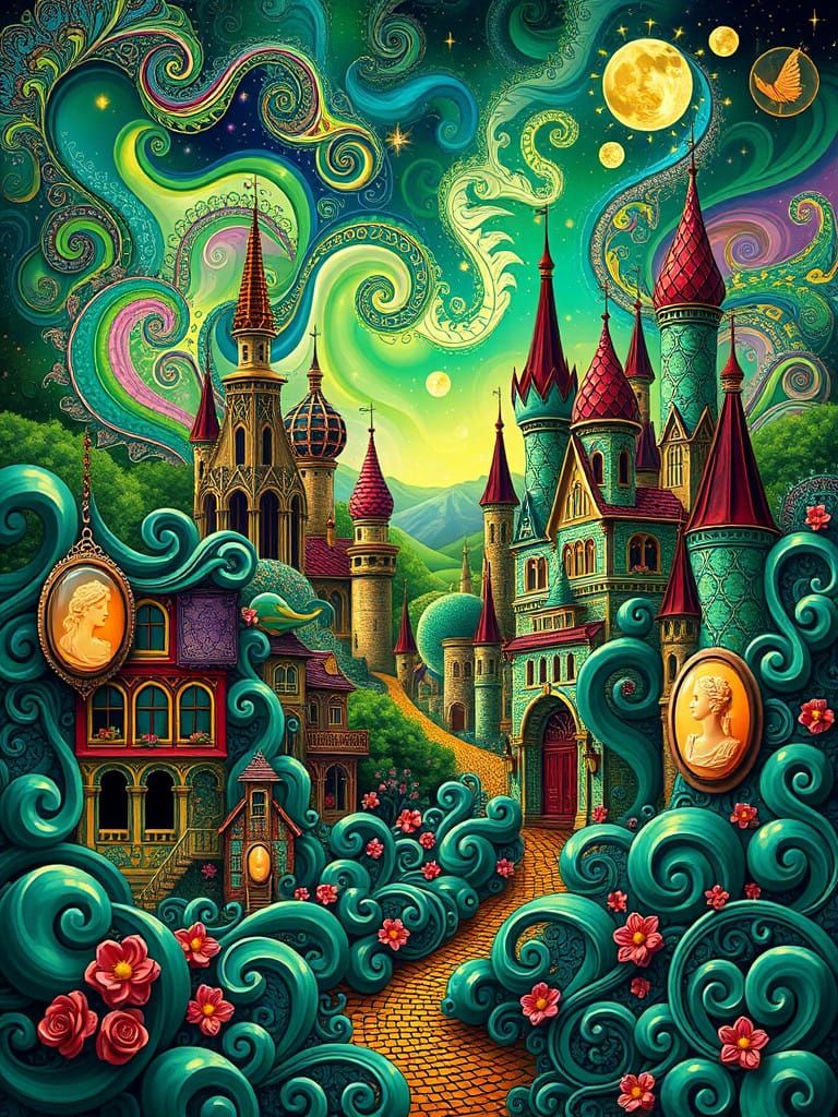 Emerald Cityscape with Whimsical Zentangle Patterns and Frac...