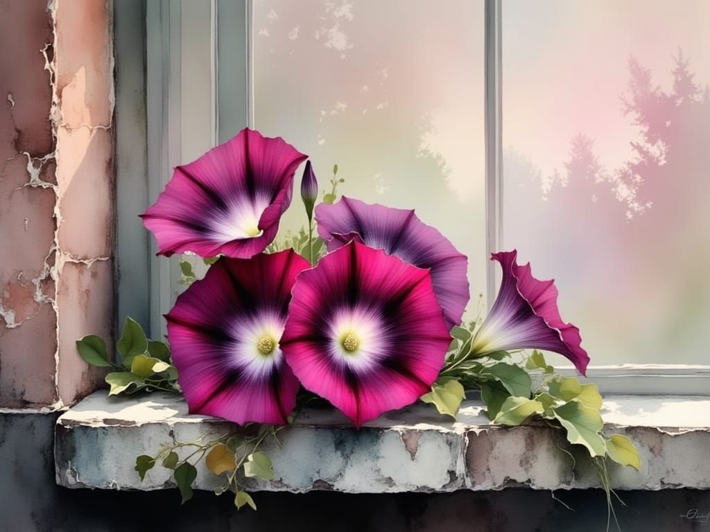 Magenta Morning Glories on Stone Shelf as Impasto Painting