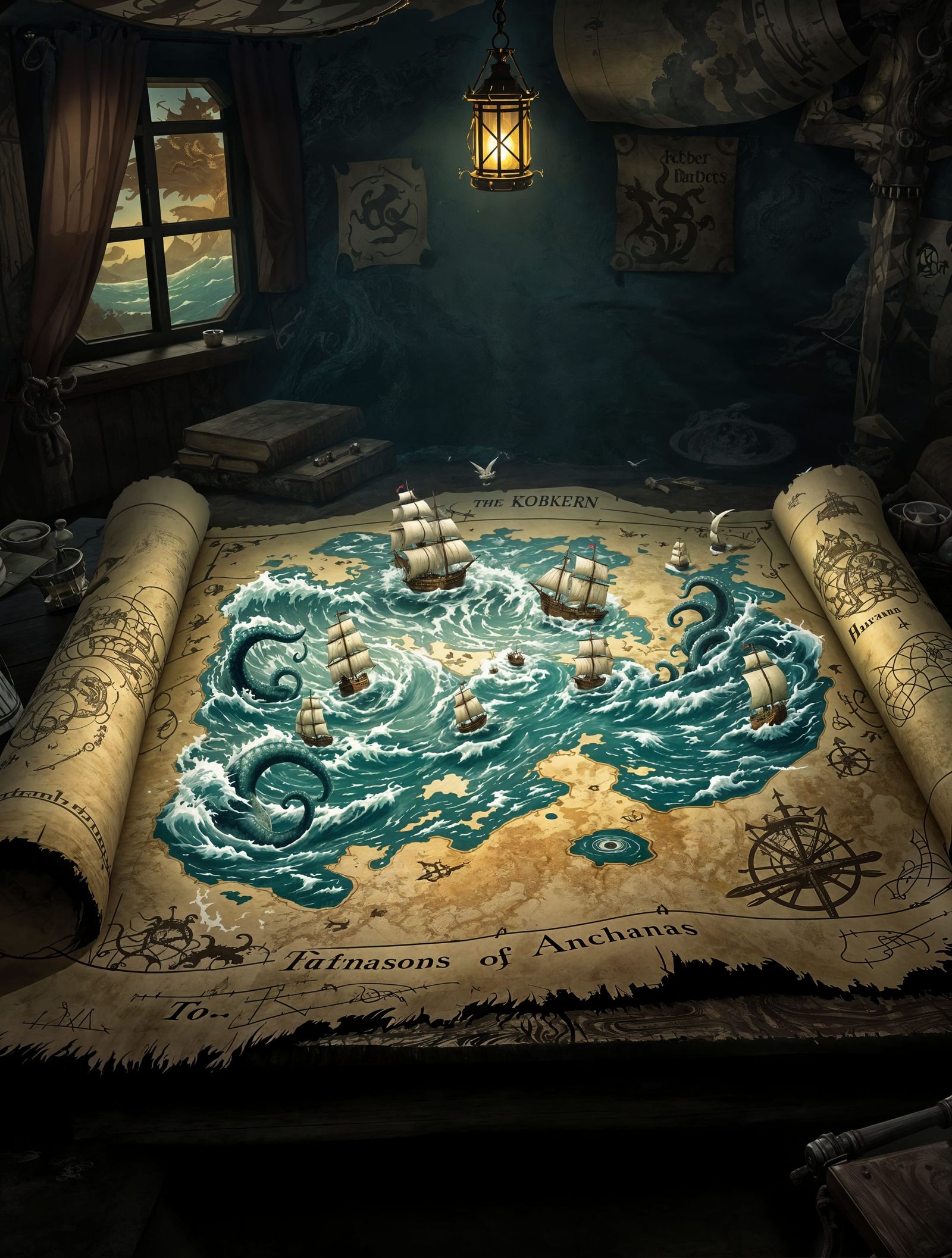 Fantasy Maritime Scene Erupts from Nautical Map