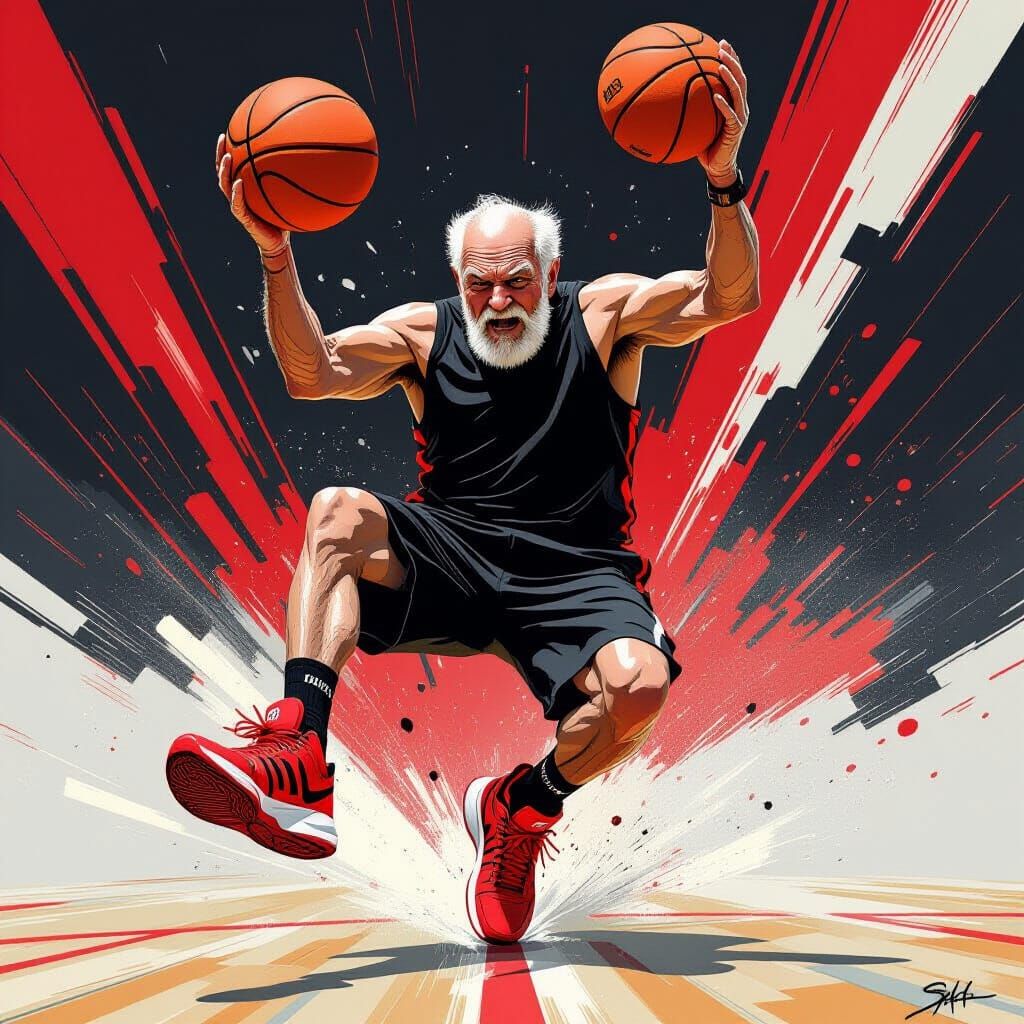 Energetic Old Man Dunking in Futuristic Style