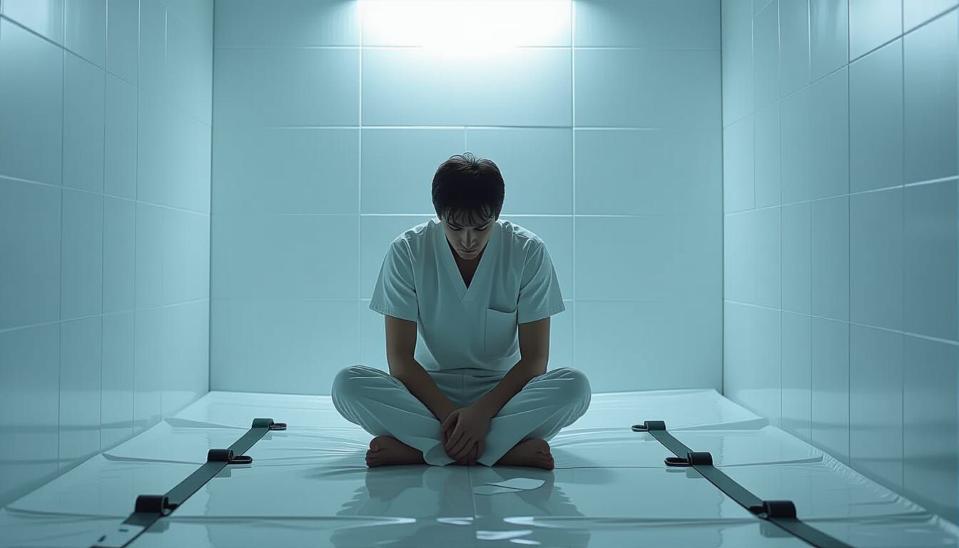 Figure Huddled in Stark White Padded Room