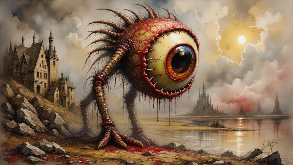 Monstrous Eyeball Creature in Dark Biomechanical Style
