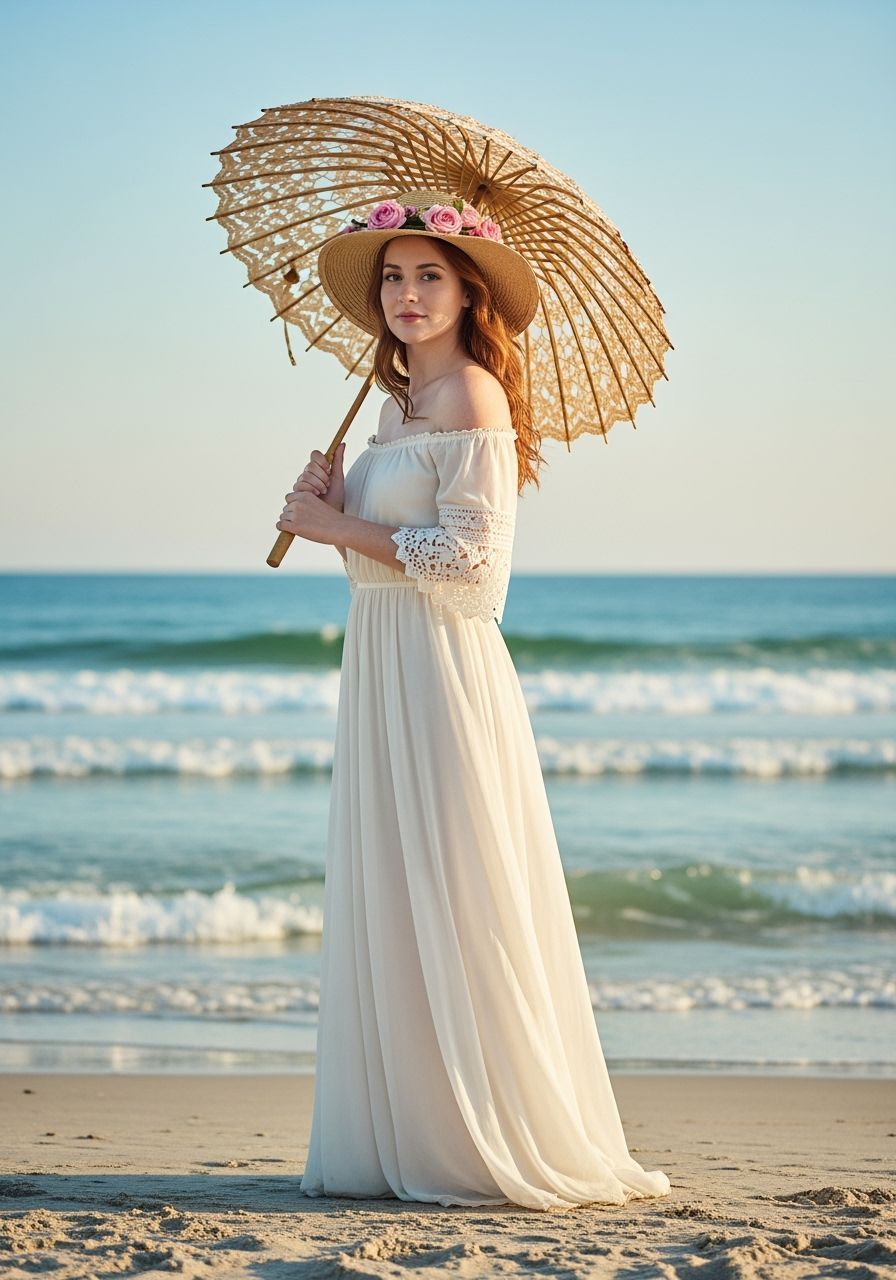 Woman on Beach with Straw Hat and Parasol