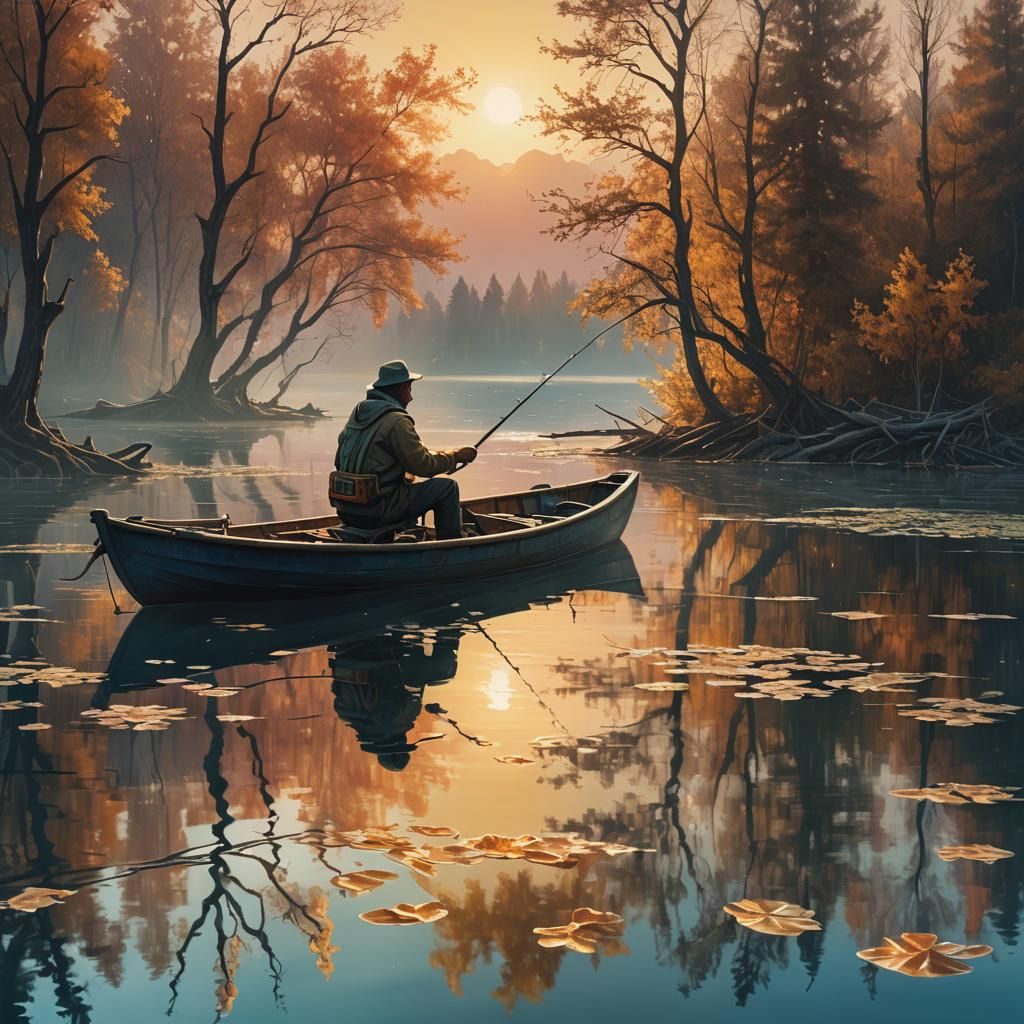 Surreal Fisherman in Lake Scene Inspired by Dali
