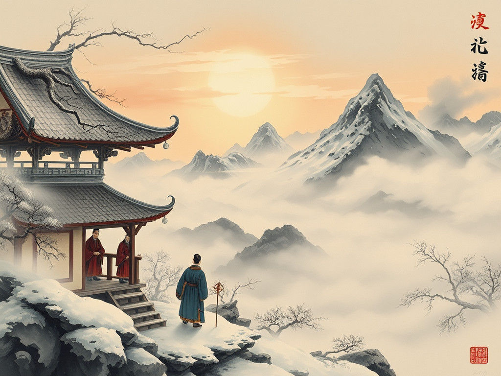 Traditional Chinese Dawn Landscape in Ink Wash Style