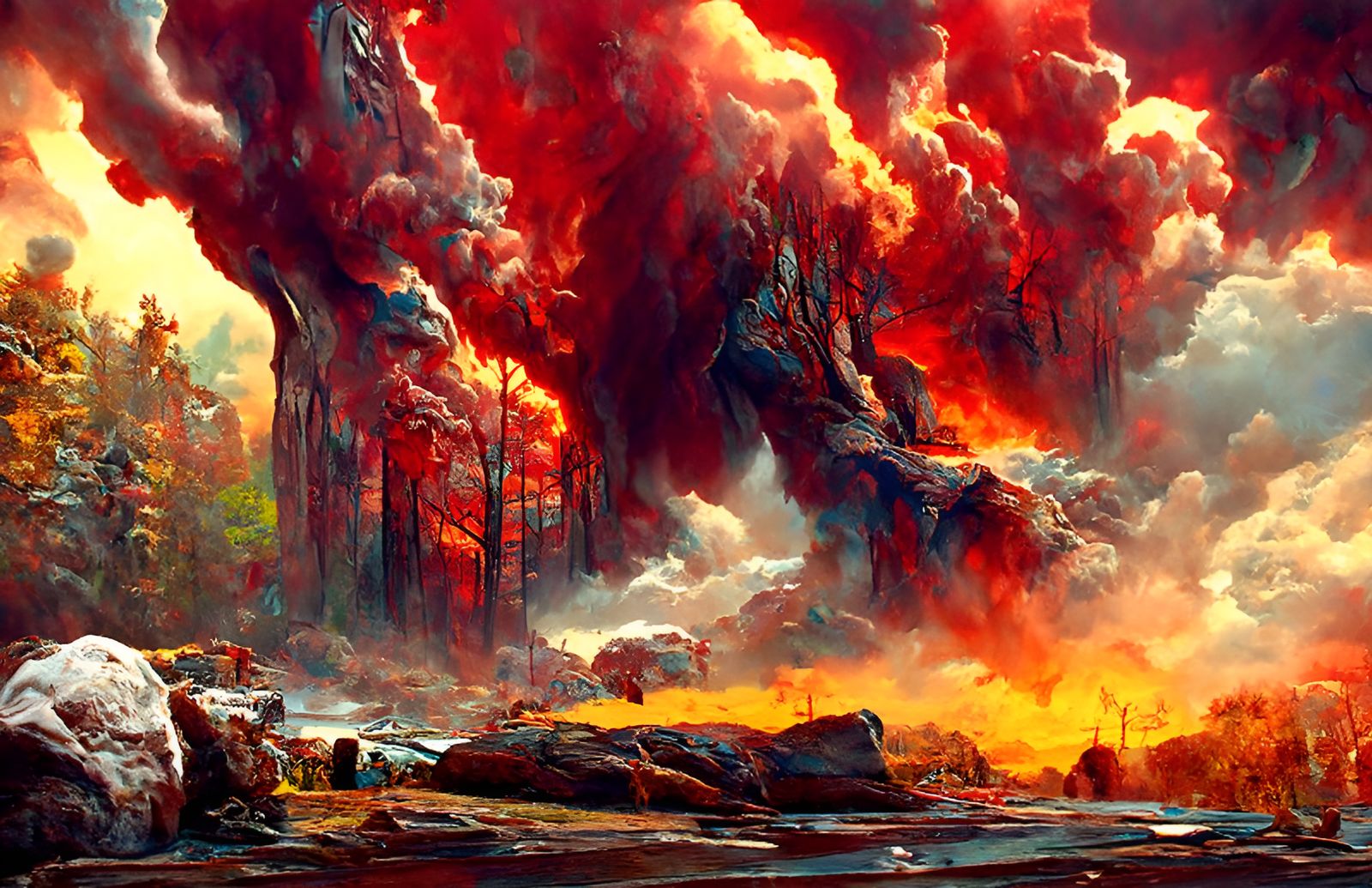 Epic Forest Fire Landscape Painting in Hyperrealism Style