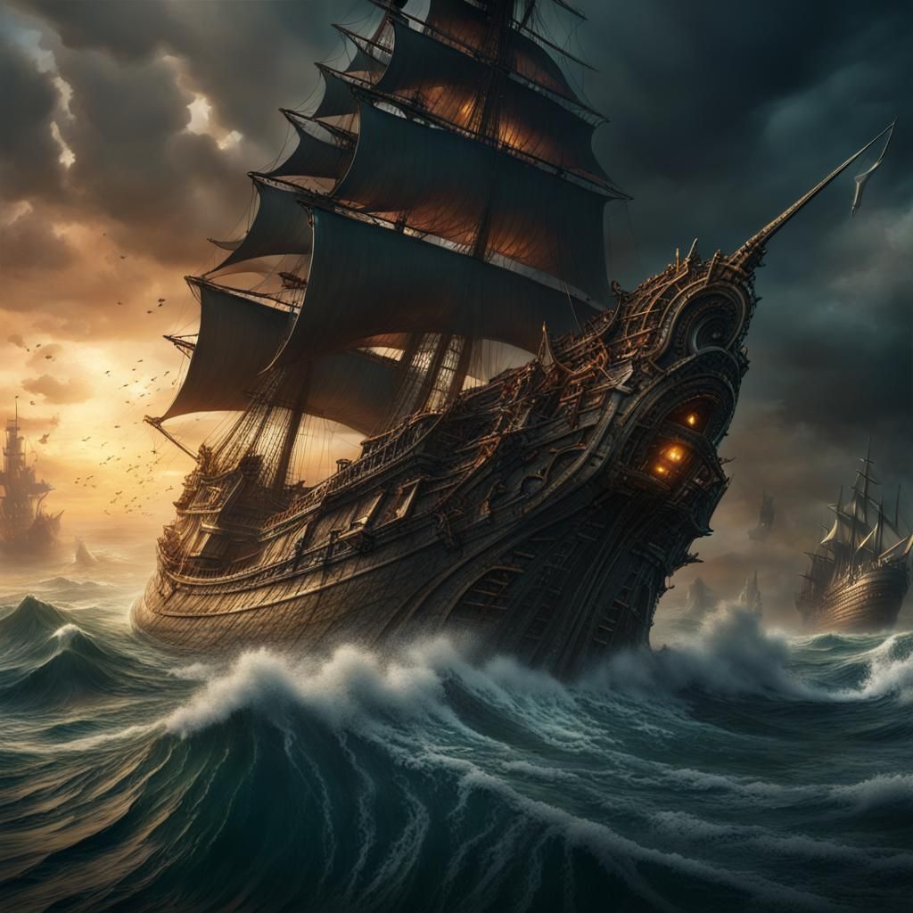 Leviathan Devours Pirate Ship in Epic Fantasy Battle