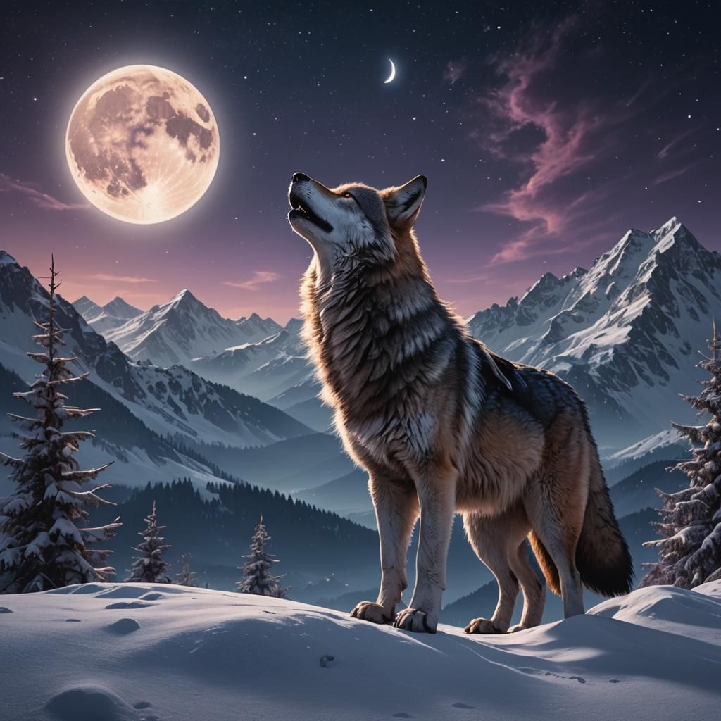 Wolf Howls Under Starry Snowy Skies in a Fantasy Landscape