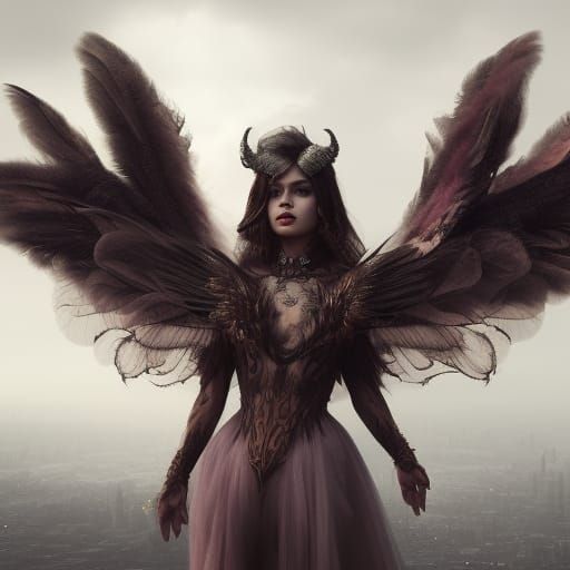 Winged Woman with Demon Horns: Oil Painting
