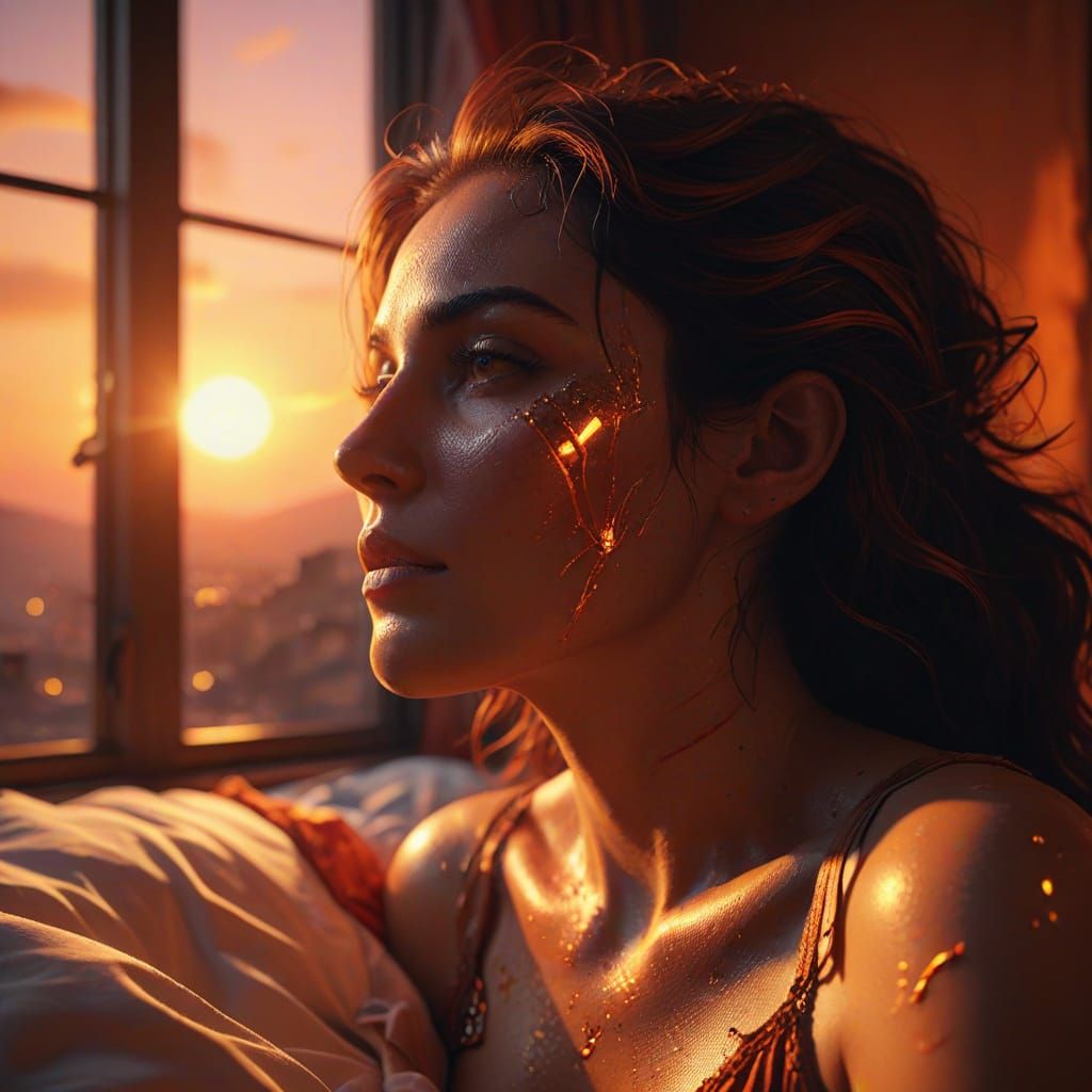 Ethereal Woman at Sunset, Golden Light