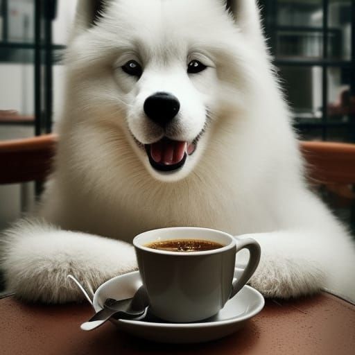 Realistic Samoyed Sips Coffee in a Vibrant Cinematic Cafe Sc...