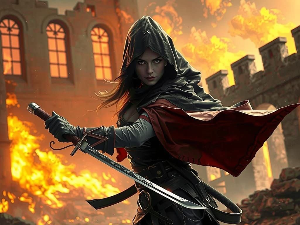 Mystical Warrior Woman with Katana in Burning Castle Ruins