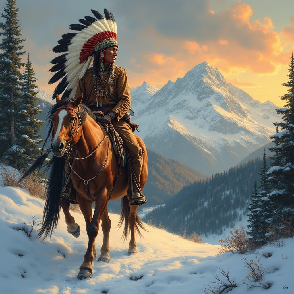 Weathered Indian Chief in Majestic Rocky Mountain Landscape