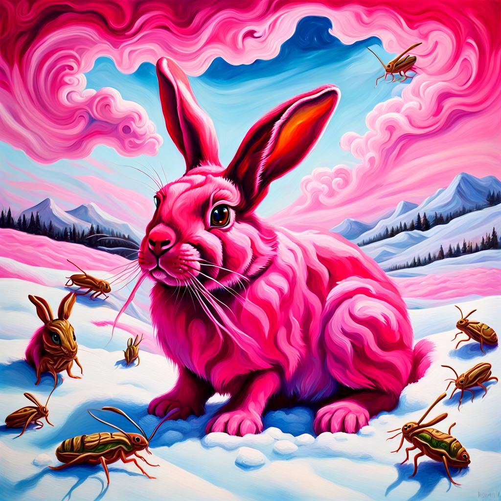 Vibrant Hot Pink Bunny in Snow with Triadic Colors