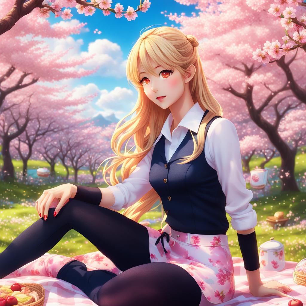 Mystifying Cherry Blossom Picnic in Anime Style