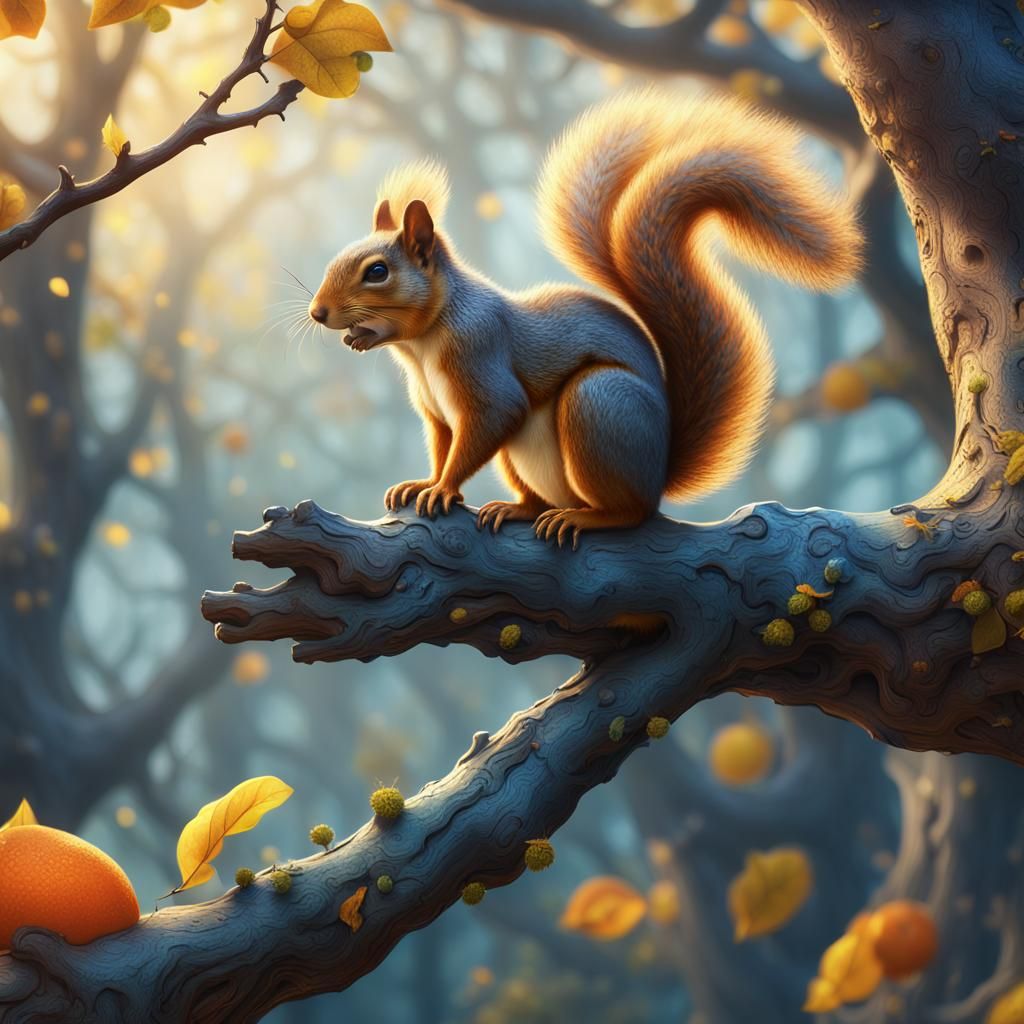 Whimsical Squirrel on Gnarled Tree Branch in Fantasy Art