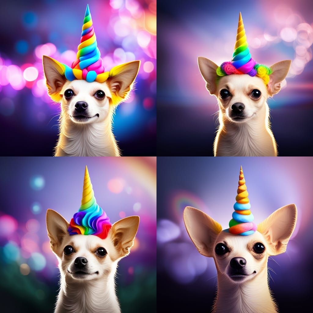 Chihuahua with a unicorn horn, Chihuahua mixed with unicorn, magical, beautiful hyperrealistic artwork,  HD, 3d