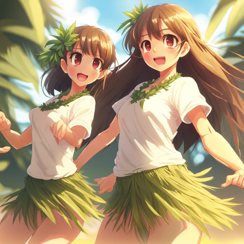 Hula Dancers in Vibrant Hawaiian Grass Skirts, Anime-Inspire...