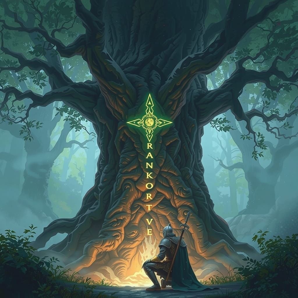 Knight Kneels Before Ancient Tree Deity in Misty Forest