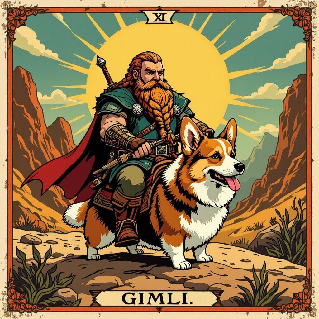 Gimli Rides Corgi Vintage Tarot Card