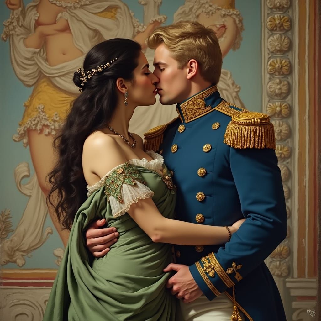 Romantic Couple in Greek Chiton and Dress Uniform, in Front...