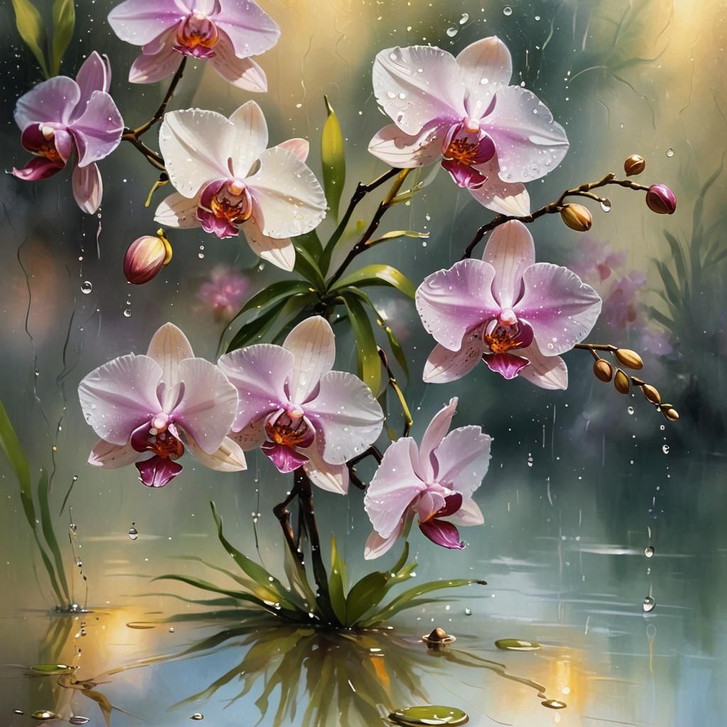 Orchid Blooms in Golden Light, Soft Focal Impressionism