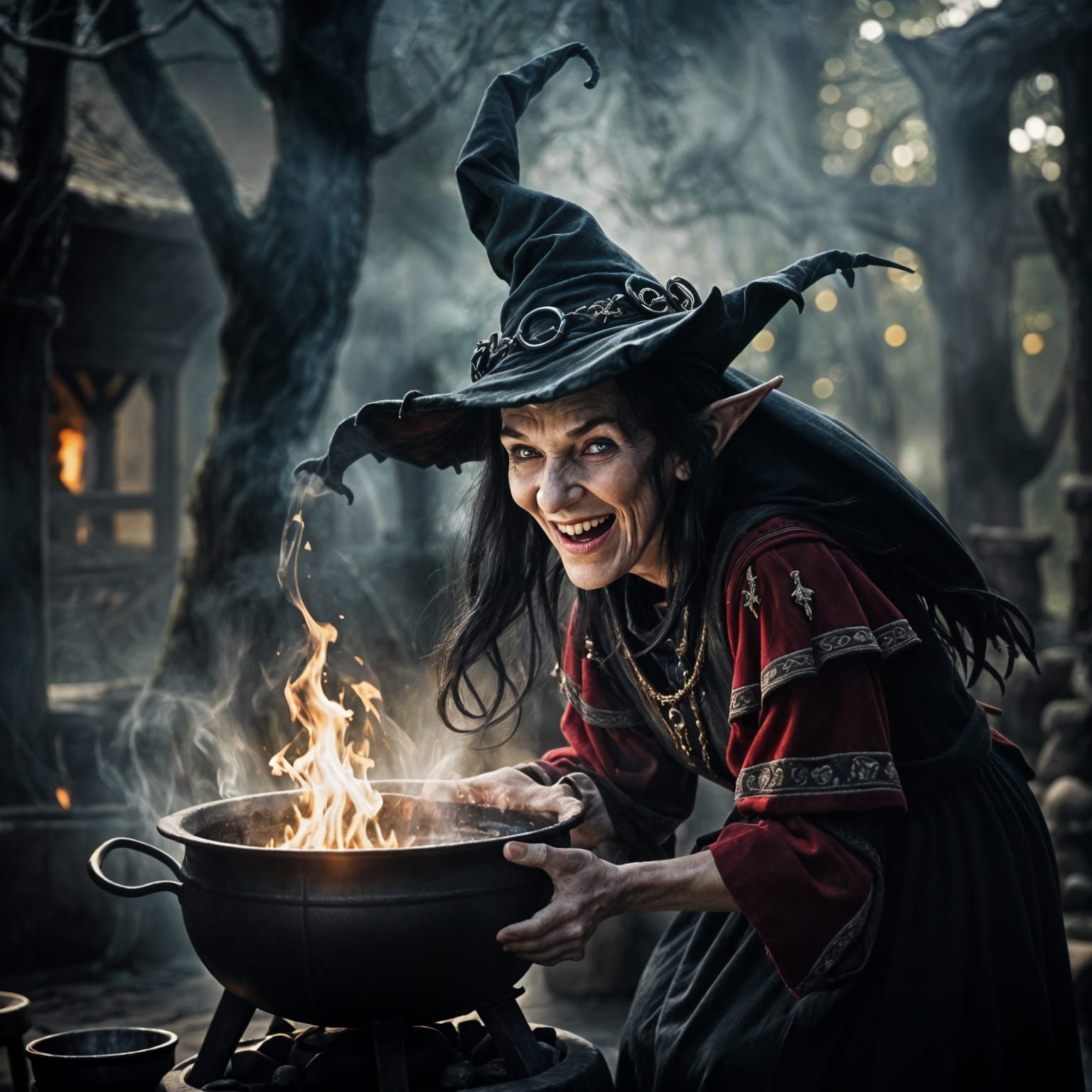 Wicked Witch Casts Dark Spell in Midnight Forest