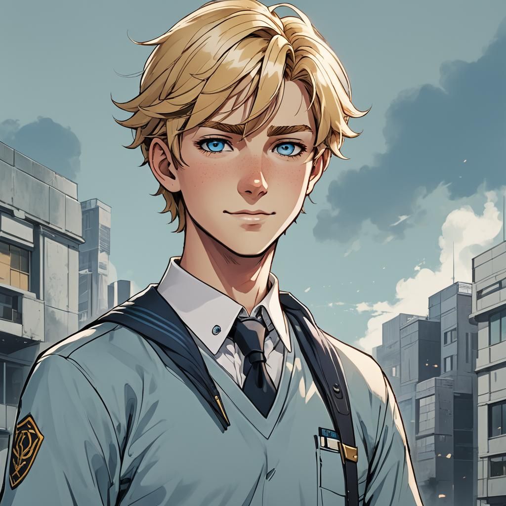 Handsome Teenage Boy in Foxfire Uniform with Smirking Face