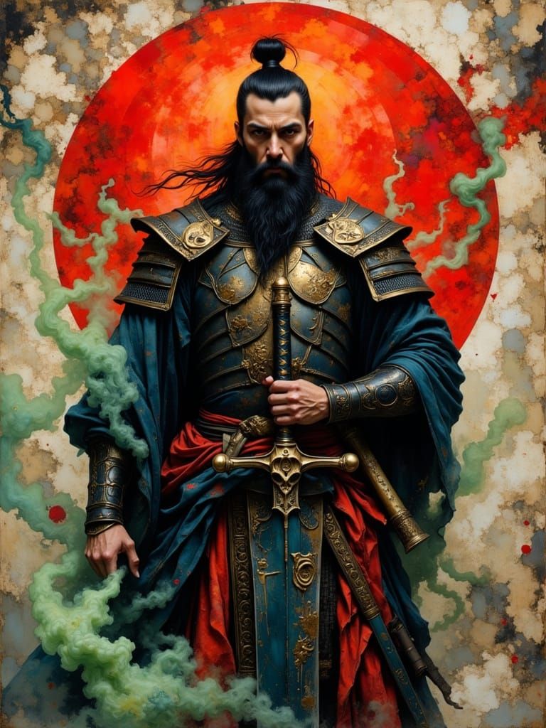 Asian Warrior with Glowing Sword and Red Sun Disc