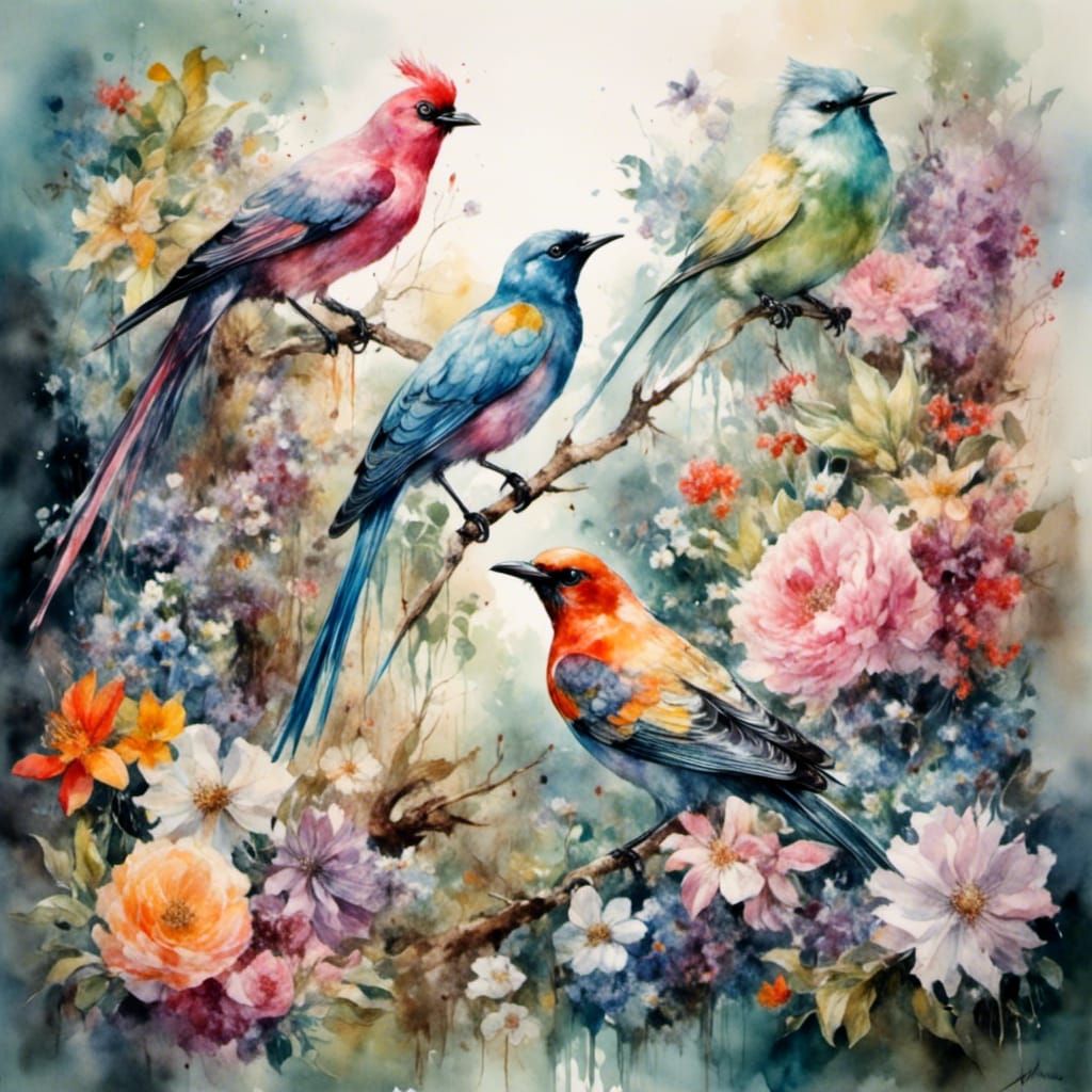 Vibrant Jungle Birds in Pastel Watercolors