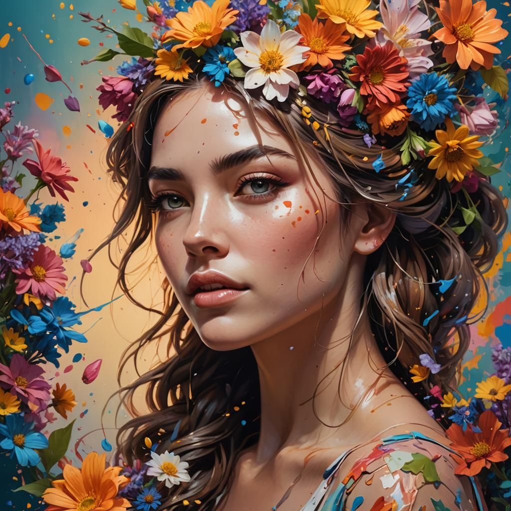Young Woman with Flowers in Her Hair, in Vibrant Splash Art