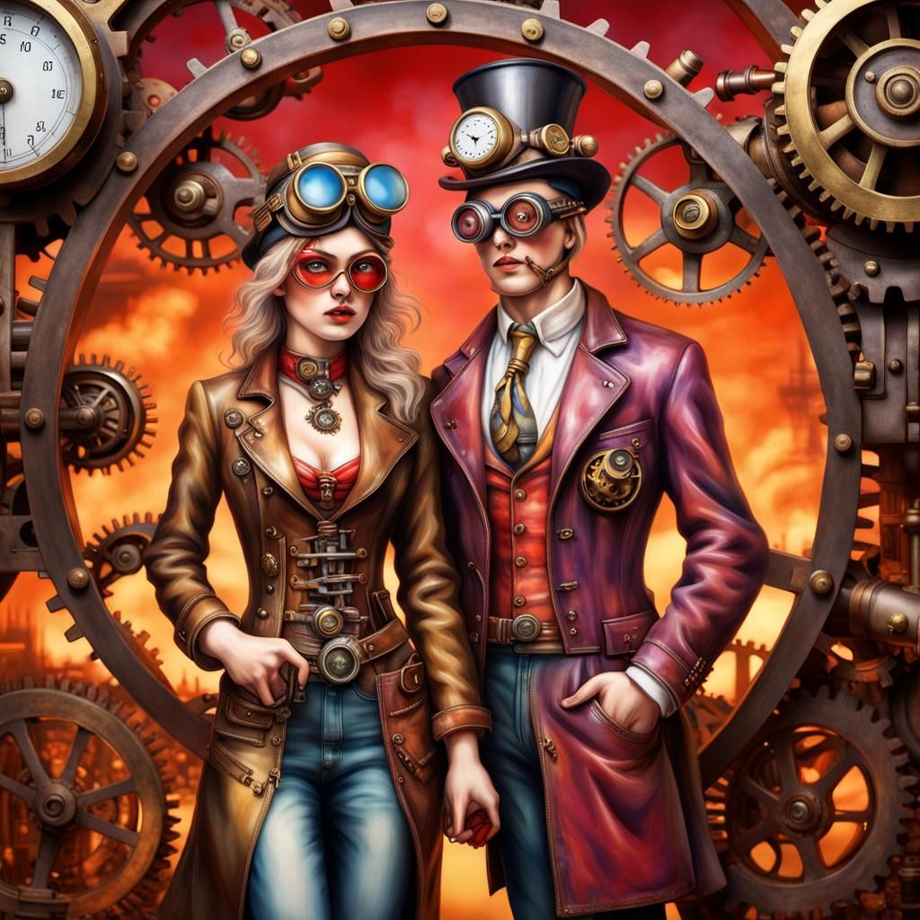Elegant Steampunk Couple in Airbrushed 3D Artwork