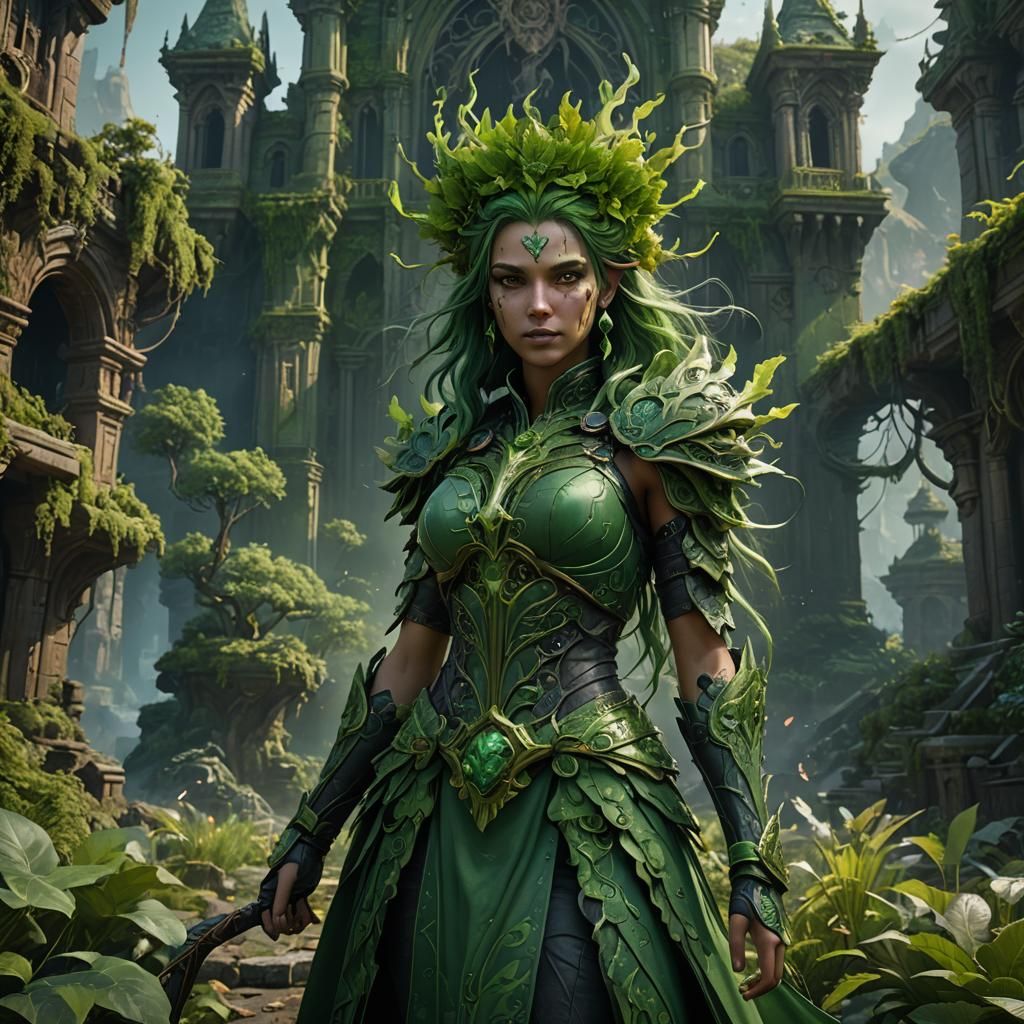 Fantastical Green Goddess in Vibrant Dreamscapes
