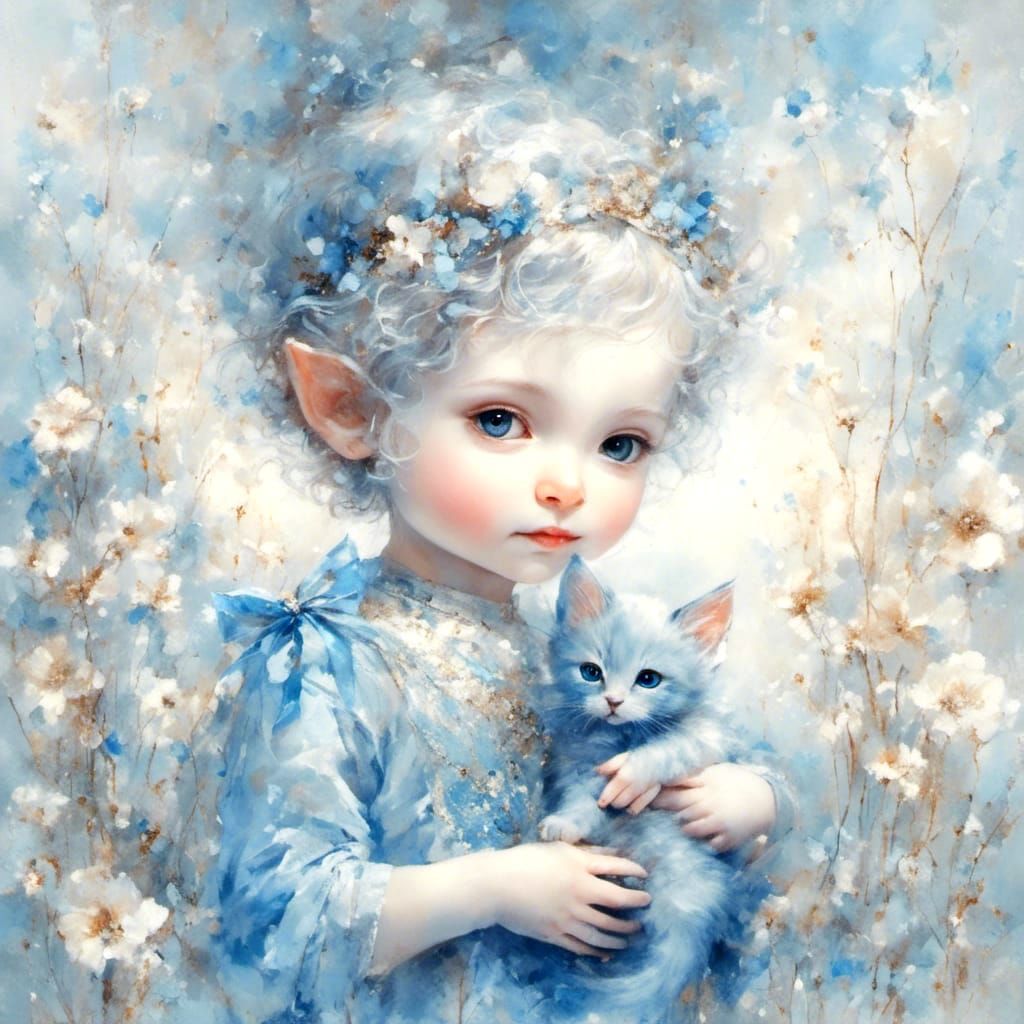 Enchanting Whimsical Art of Elf Boy with Blue Kitten