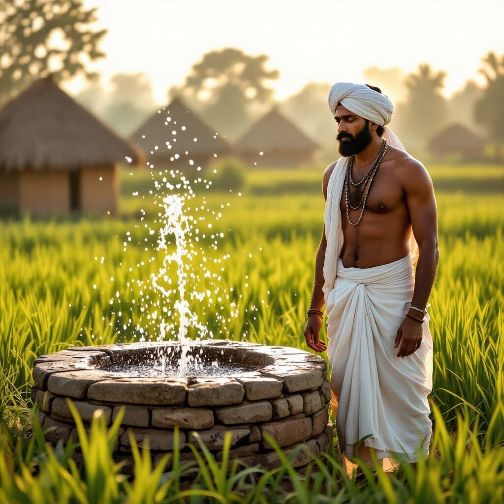 Shocked Farmer Beside Magical Well, 3D Render