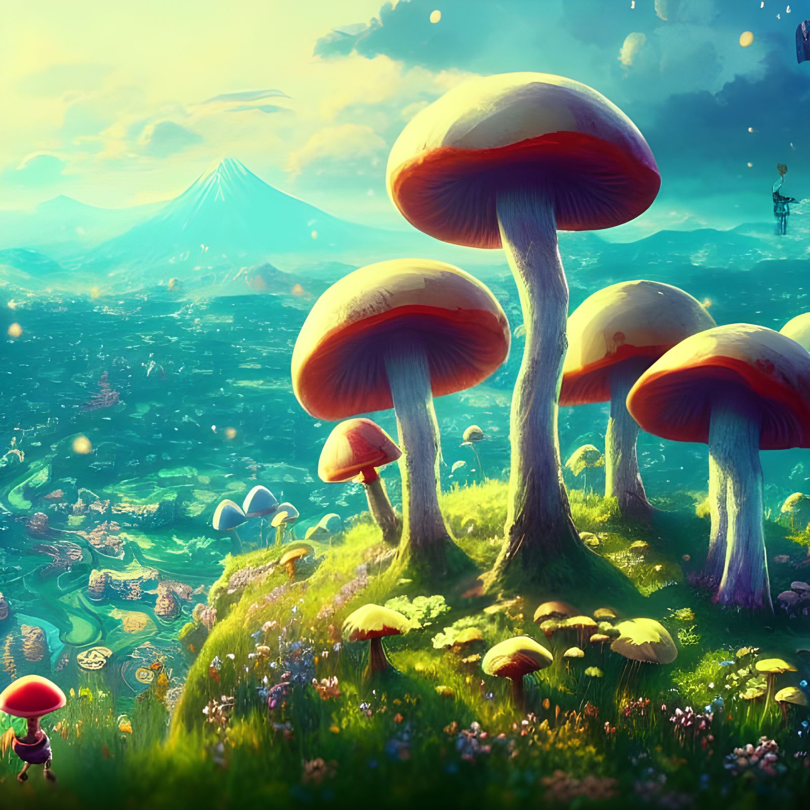 Epic Mushroom Kingdom Landscape in Cyberpunk Aesthetic