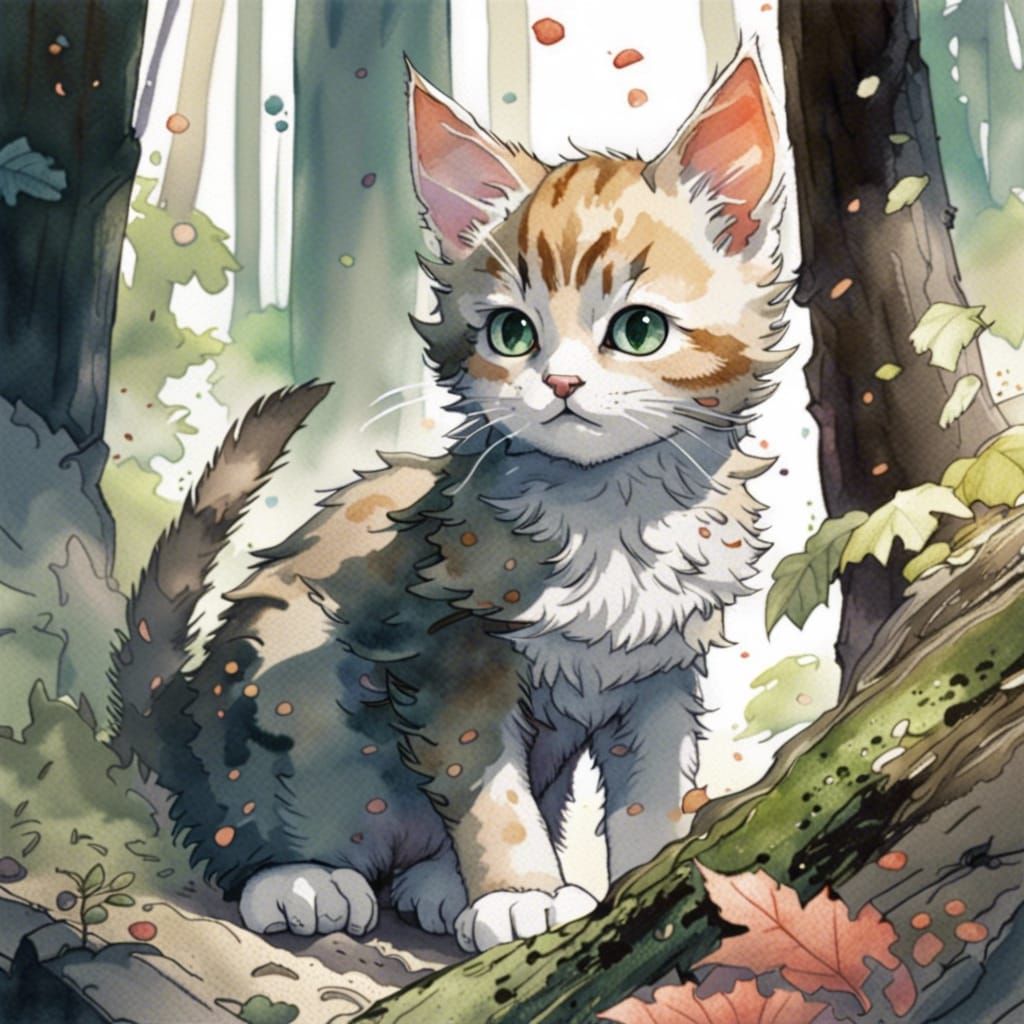 Whimsical Forest Kitten Portrait in Watercolor Style