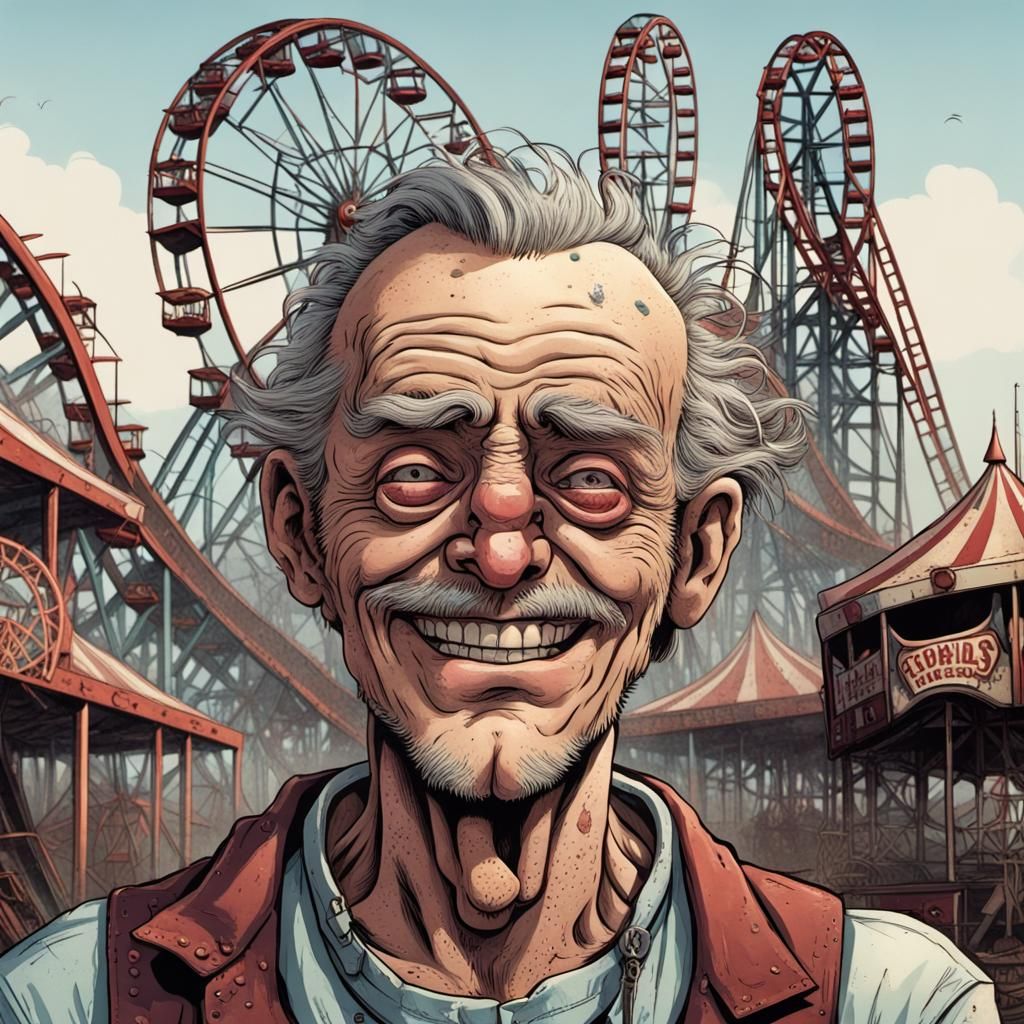 A Grizzled Carnival Worker Stands Guard at a Faded, Dystopia...