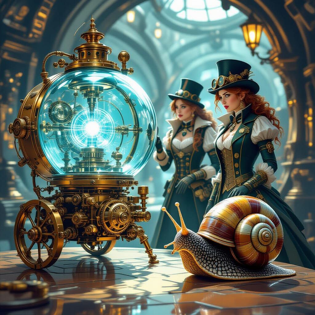 Steampunk Girls Board Brass Time Machine with Clockwork Snai...