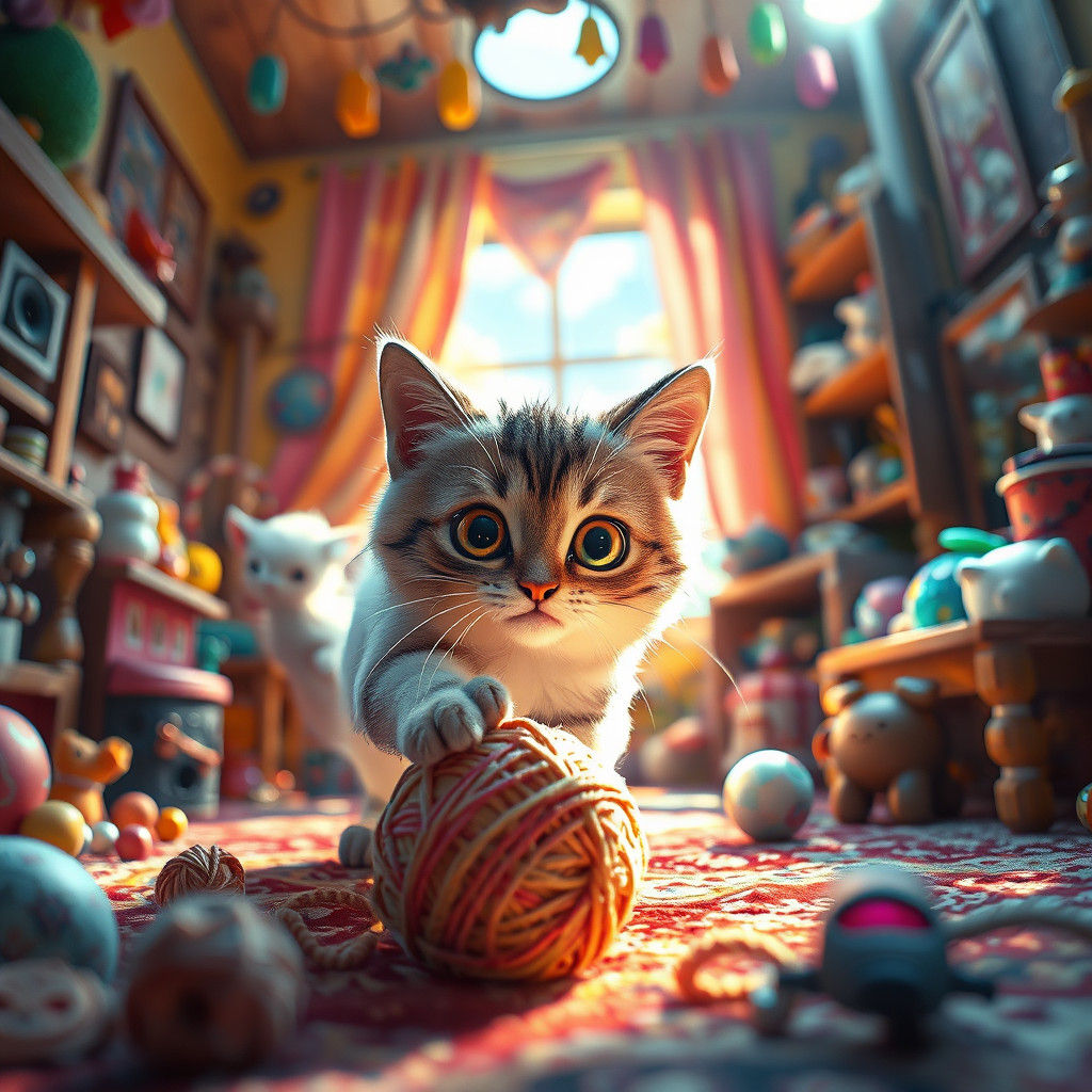 Futuristic Feline Playtime Amidst Whimsical Wonders