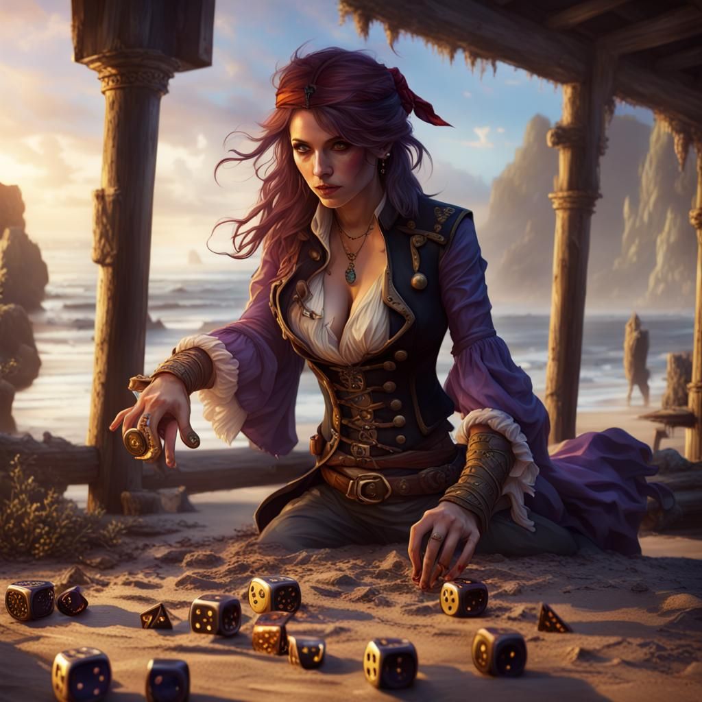 Dark Fantasy Pirateess Rolls the Dice on a Sunset Beach