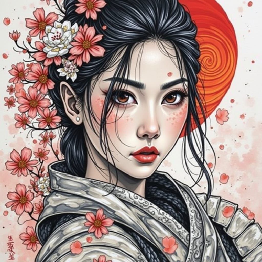 Ethereal Warrior in Whirlpool of Cherry Blossoms and Spirali...