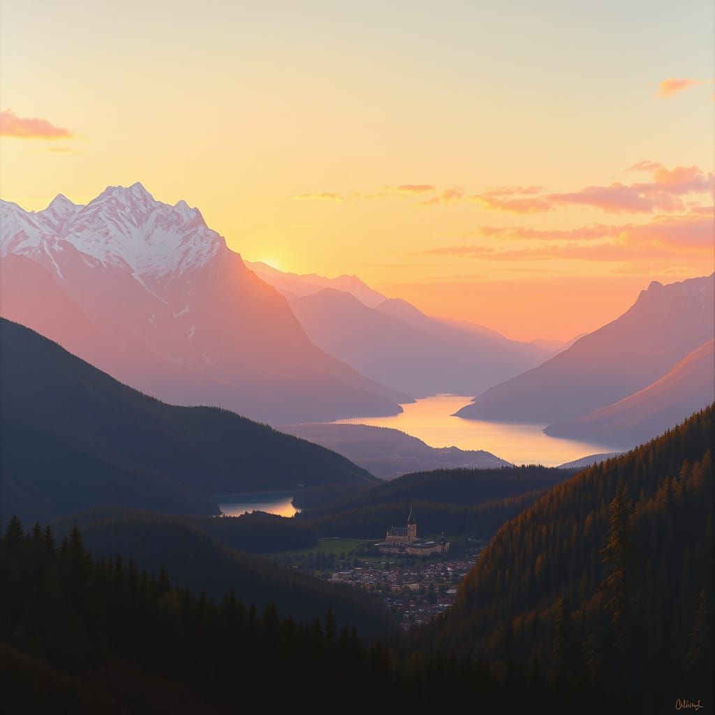 Panoramic Landscape: Forest, Lake, Mountains, Village & City