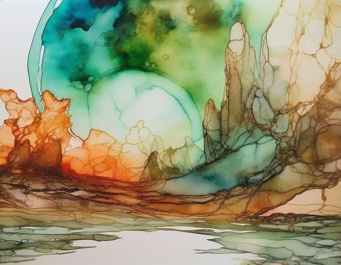 Whimsical Moebius Landscape in Watercolor and Alcohol Ink