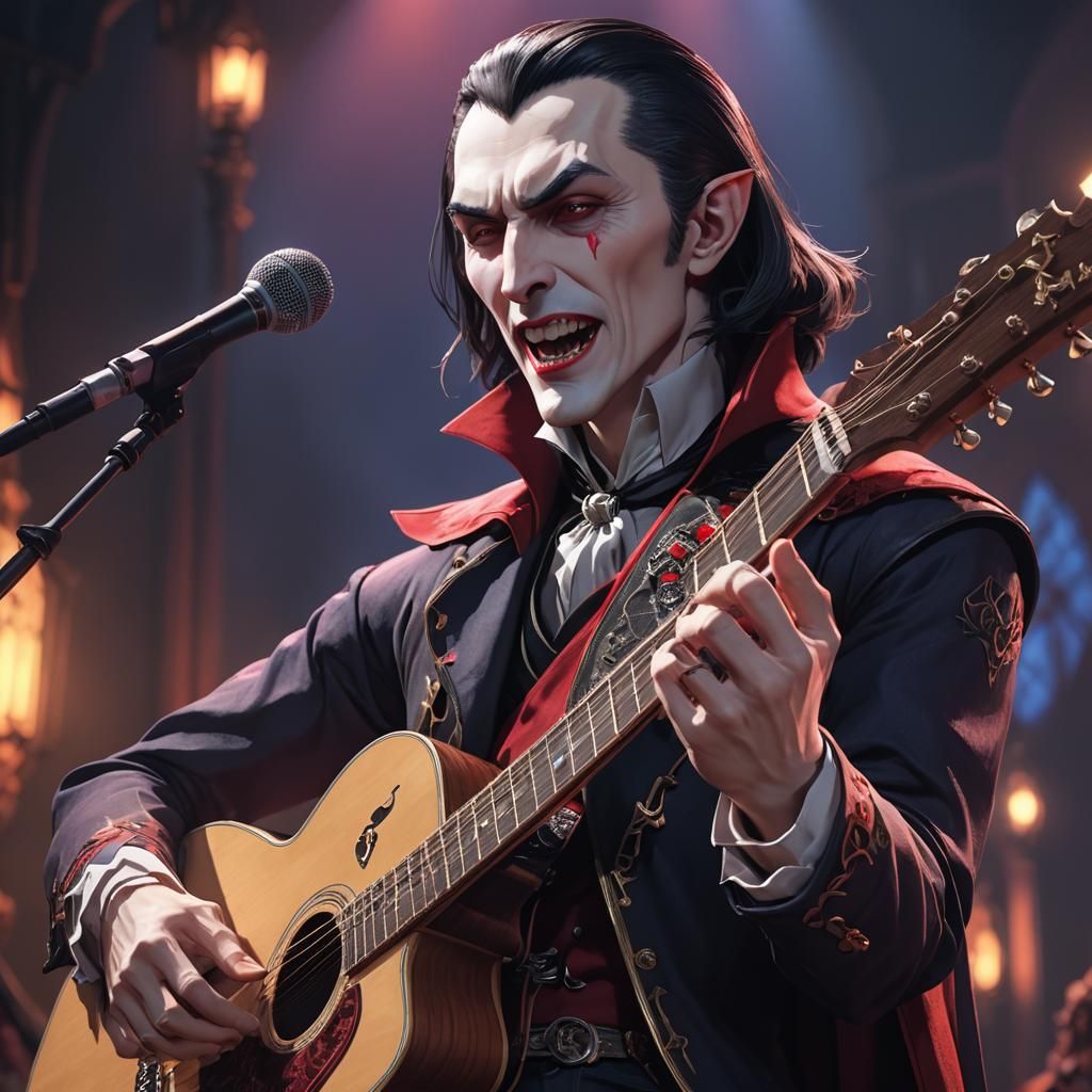 Dracula Performs with Guitar in Vibrant Anime Lighting